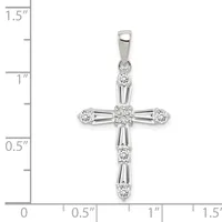 White gold cross pendant with round and baguette-cut diamonds arranged in a decorative pattern, shown against a measurement scale indicating approximately one inch in width.
