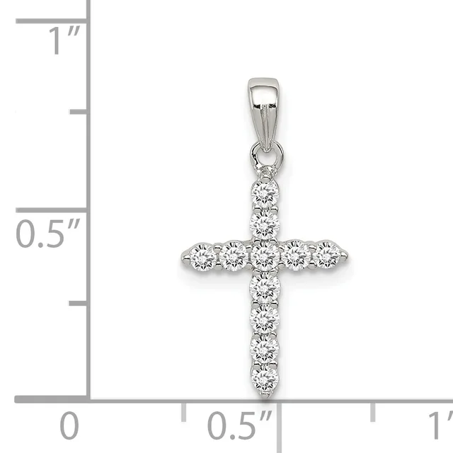 Sterling silver cross pendant set with round cubic zirconia stones, shown next to a ruler indicating approximately one inch in height.