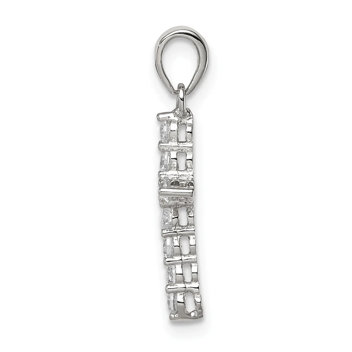 A silver rectangular pendant with a latticed geometric pattern hangs from a silver bail loop against a white background.