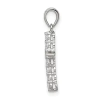 A silver rectangular pendant with a latticed geometric pattern hangs from a silver bail loop against a white background.