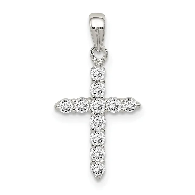 A silver cross pendant adorned with round diamond stones arranged in a vertical line down the center and across the horizontal bar, suspended from a silver bail.