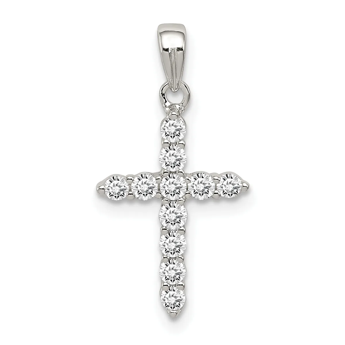 A silver cross pendant adorned with round diamond stones arranged in a vertical line down the center and across the horizontal bar, suspended from a silver bail.