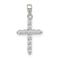 A silver cross pendant adorned with round diamond stones arranged in a vertical line down the center and across the horizontal bar, suspended from a silver bail.