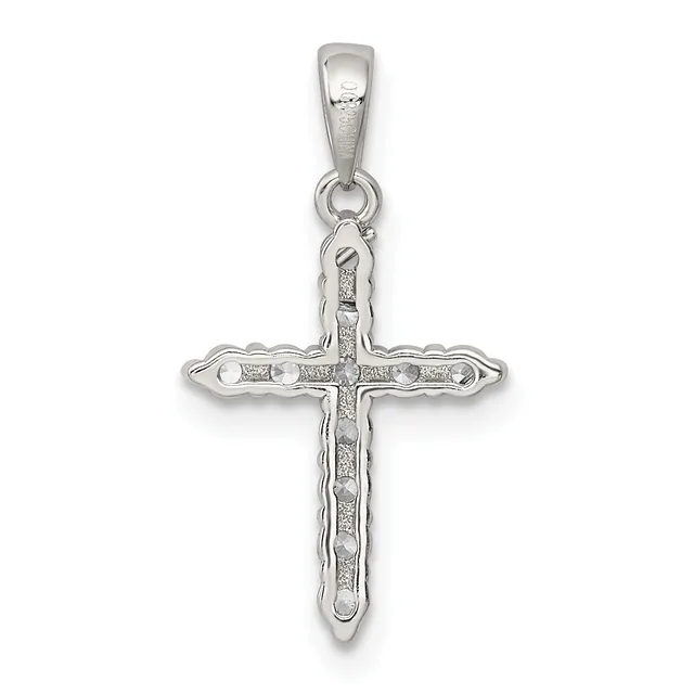 A silver cross pendant with a decorative beaded border and textured surface, suspended from a silver bail against a white background.