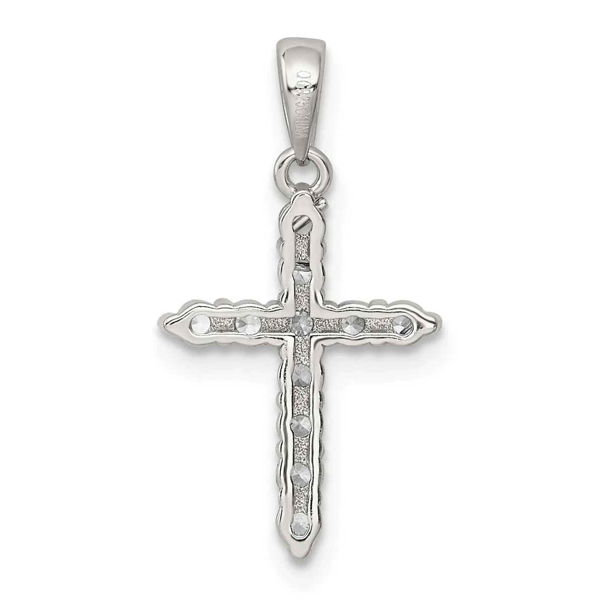 A silver cross pendant with a decorative beaded border and textured surface, suspended from a silver bail against a white background.