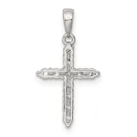 A silver cross pendant with a decorative beaded border and textured surface, suspended from a silver bail against a white background.