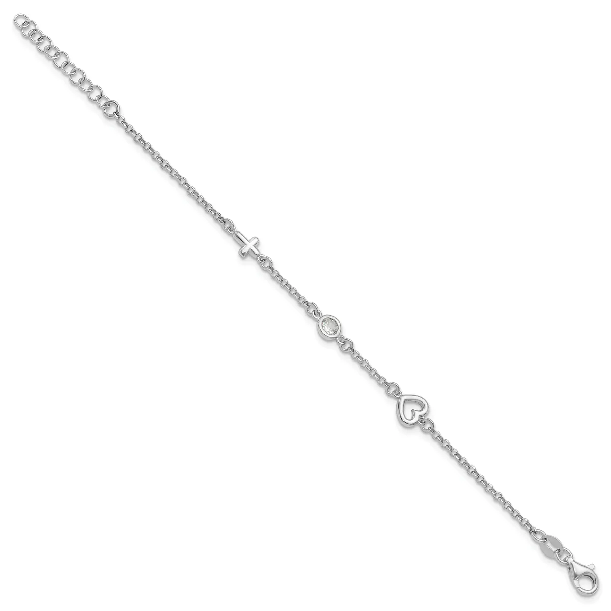 Silver-toned chain bracelet with small charm pendants including a cross and heart, displayed diagonally against a white background.