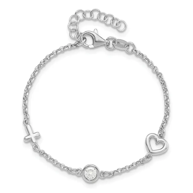 Silver-toned chain bracelet with a lobster clasp and extender chain, featuring a cross charm, heart charm, and round crystal charm.