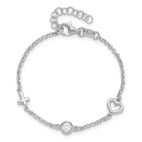 Silver-toned chain bracelet with a lobster clasp and extender chain, featuring a cross charm, heart charm, and round crystal charm.