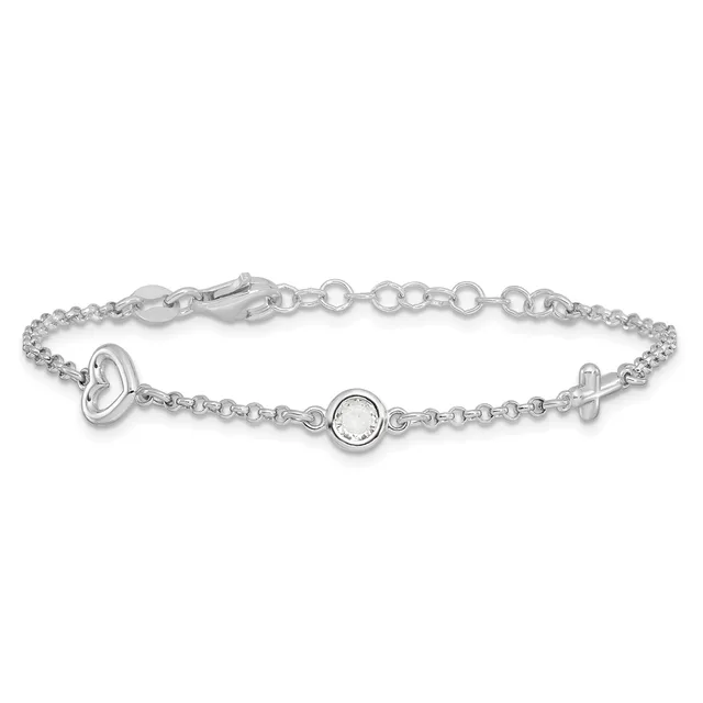 Silver chain bracelet with lobster clasp featuring three circular open links spaced along the chain, displayed on white background.