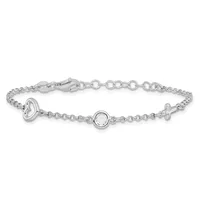 Silver chain bracelet with lobster clasp featuring three circular open links spaced along the chain, displayed on white background.