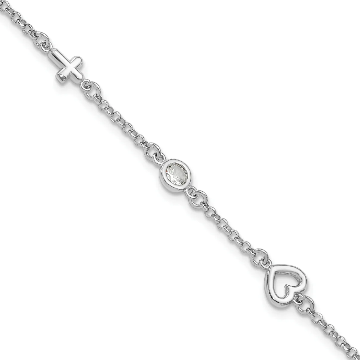 Silver bracelet with a cable chain featuring a small cross charm, a circular clear stone charm, and an open heart charm.