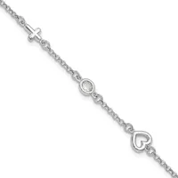 Silver bracelet with a cable chain featuring a small cross charm, a circular clear stone charm, and an open heart charm.