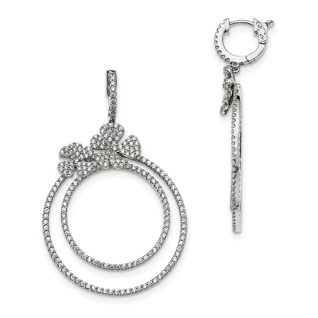 Silver-toned drop earrings featuring double circular hoops adorned with small crystals and a decorative bow detail at the top, shown from front and side views.