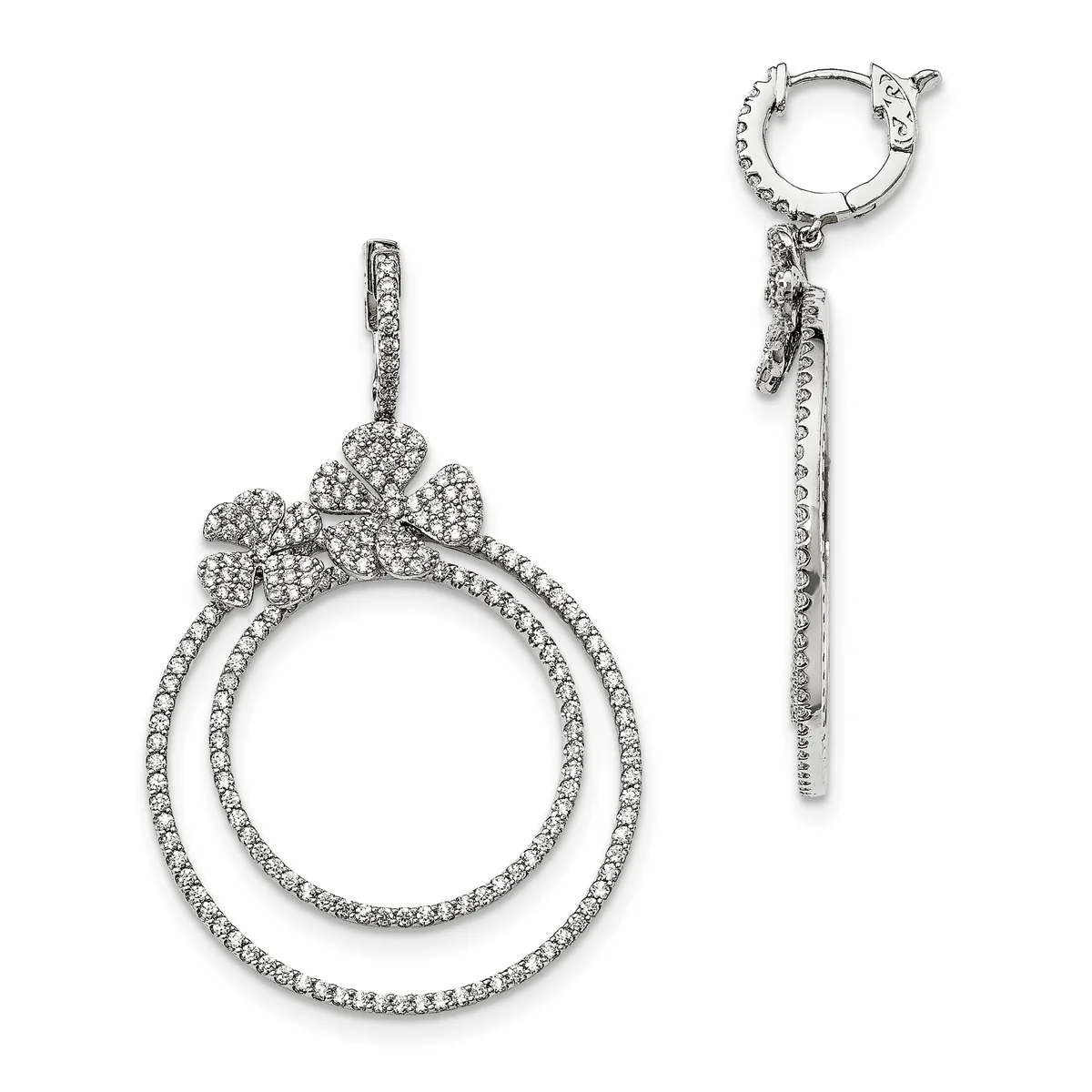 Silver-toned drop earrings featuring double circular hoops adorned with small crystals and a decorative bow detail at the top, shown from front and side views.