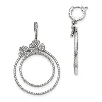 Silver-toned drop earrings featuring double circular hoops adorned with small crystals and a decorative bow detail at the top, shown from front and side views.