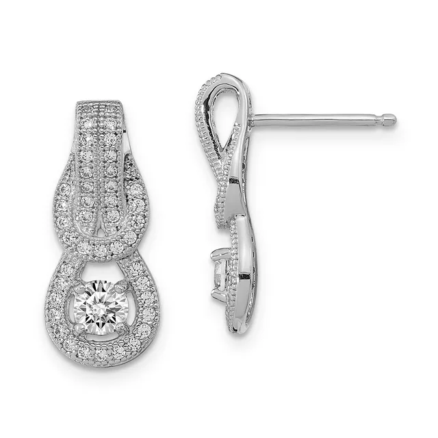 Pair of white metal drop earrings with pave-set diamonds surrounding a larger round diamond solitaire in each pendant, shown from front and side views.