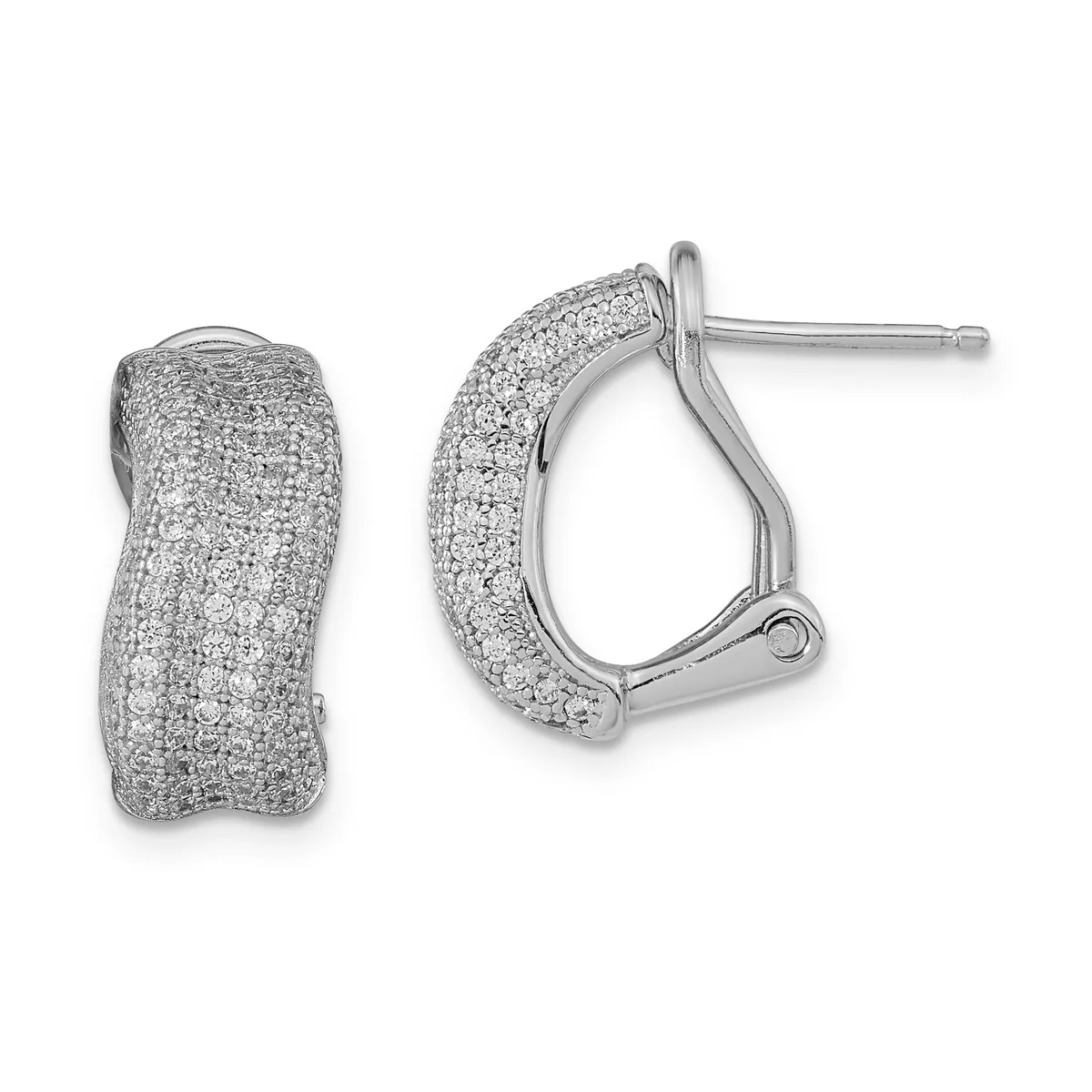 A pair of silver huggie hoop earrings with pave-set cubic zirconia covering the curved surface, shown from front and side views.