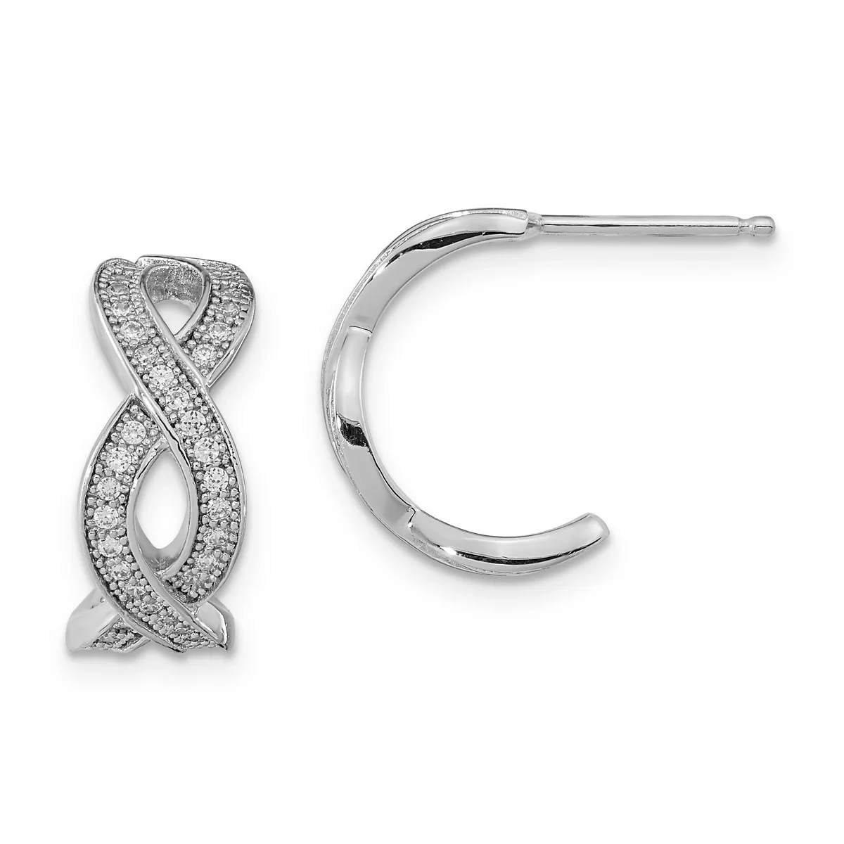 Pair of silver hoop earrings with an infinity symbol design paved with diamonds, shown from front and back views.
