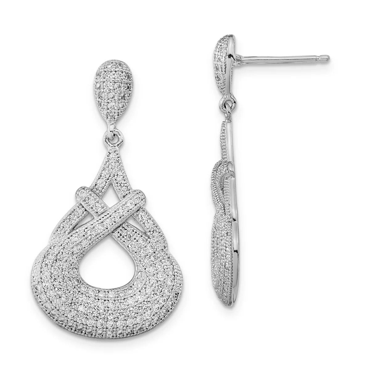 A pair of silver drop earrings with pave diamond settings, featuring teardrop-shaped tops connected to larger open teardrop pendants with crossover detailing, shown from front and side views.