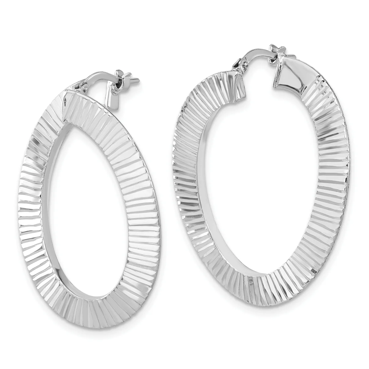 Pair of silver hoop earrings with vertical ridged texture throughout, featuring hinged posts with backs.