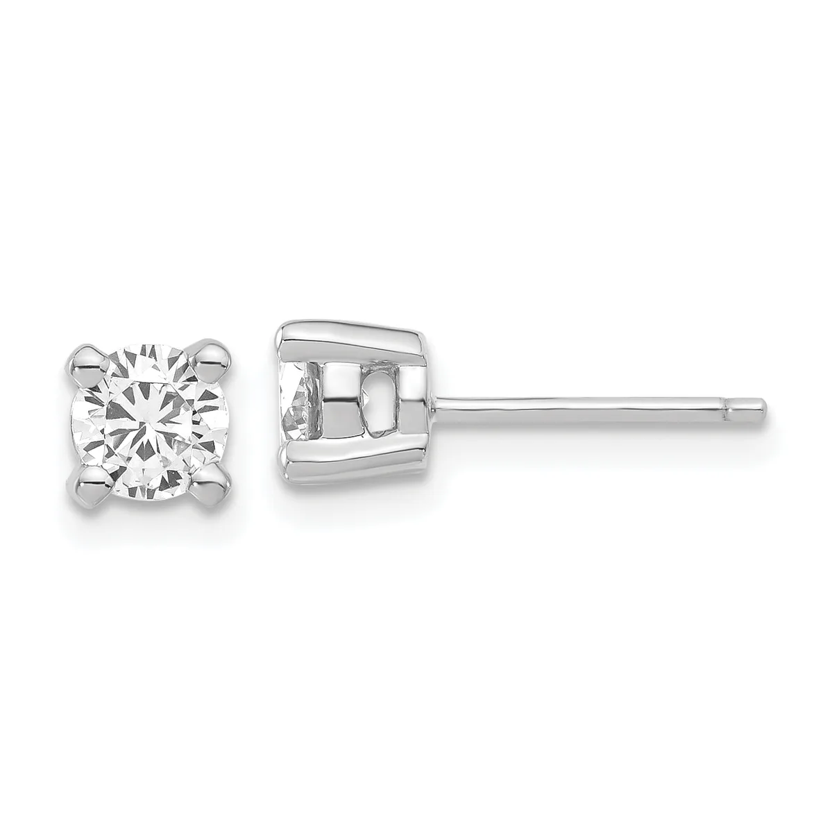 A pair of silver stud earrings with round brilliant-cut diamonds in four-prong settings, shown from the front and side view.