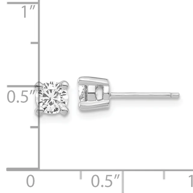 A pair of round diamond stud earrings shown on a measurement scale, displaying approximately 0.5 inches in diameter with a polished metal setting and post backs.