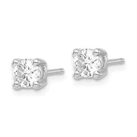 A pair of four-prong stud earrings with round brilliant-cut diamonds set in white metal, shown from the front against a white background.