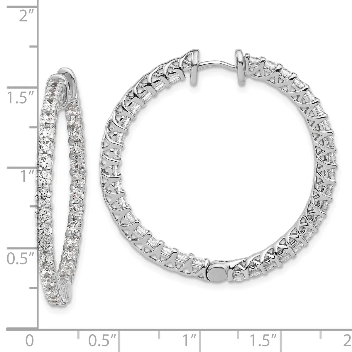 A pair of silver hoop earrings with diamond pavé setting shown from front and side views against a measurement scale.