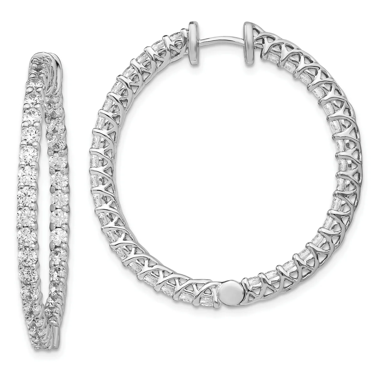 A pair of silver hoop earrings with round brilliant diamonds set throughout, shown from front and side views against a white background.