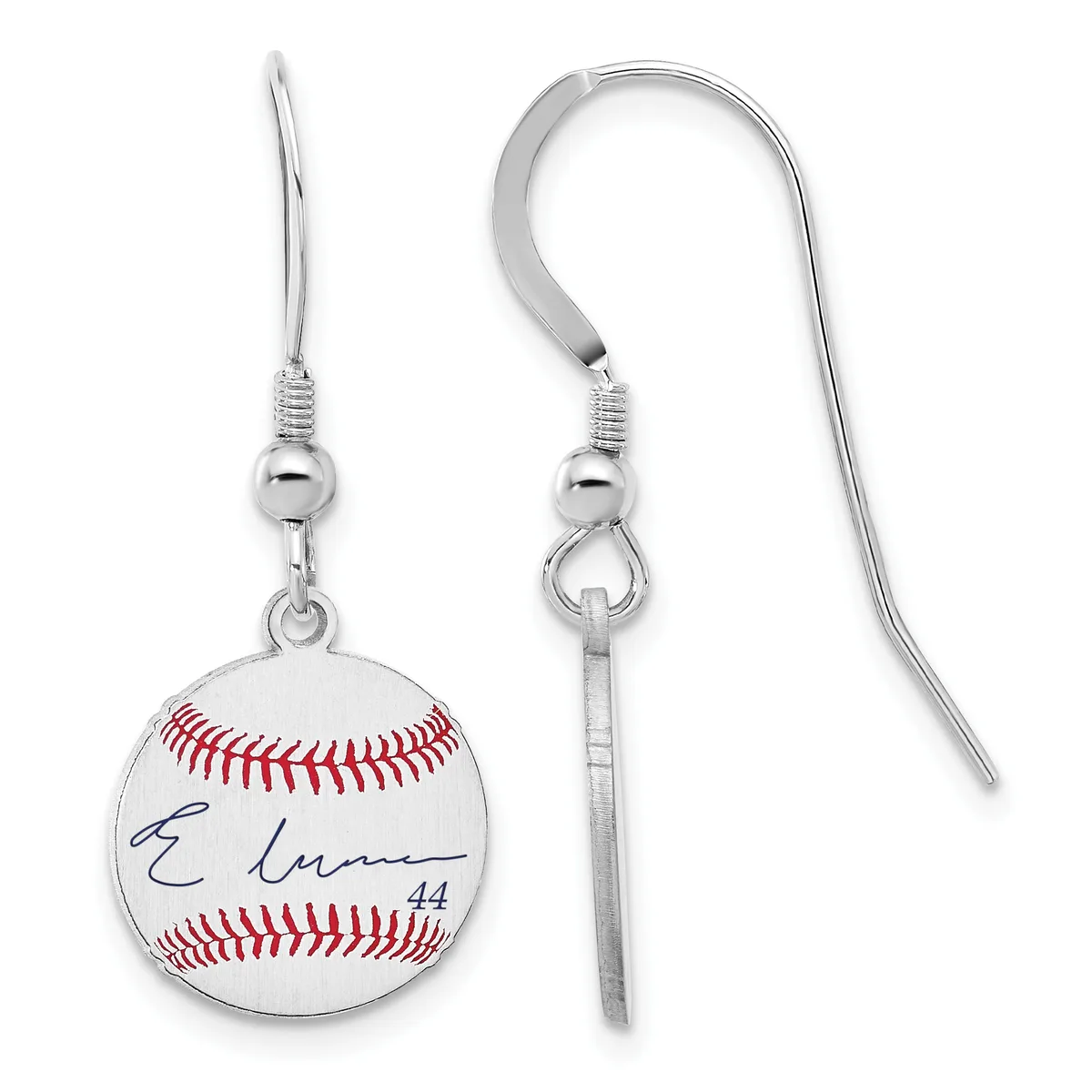 Pair of silver-toned fishhook earrings with round baseball-shaped pendants featuring red stitching and a handwritten signature.