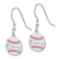 A pair of silver-toned fish hook earrings with baseball-shaped pendants featuring red stitching and a handwritten signature with the number 44.