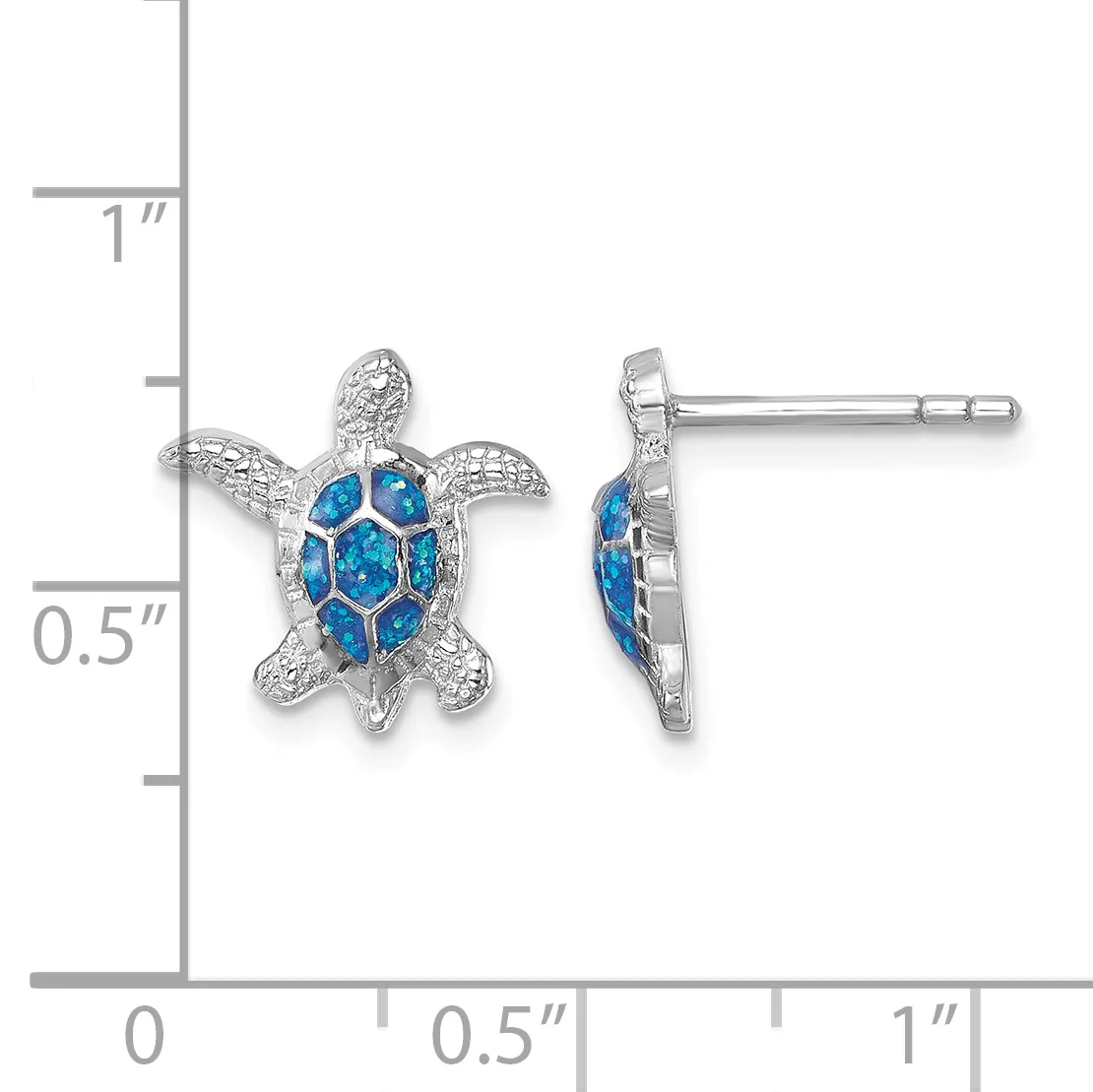 Two views of a silver sea turtle stud earring with blue opal inlay on the shell, shown against a measurement scale indicating approximately 0.75 inches in height.