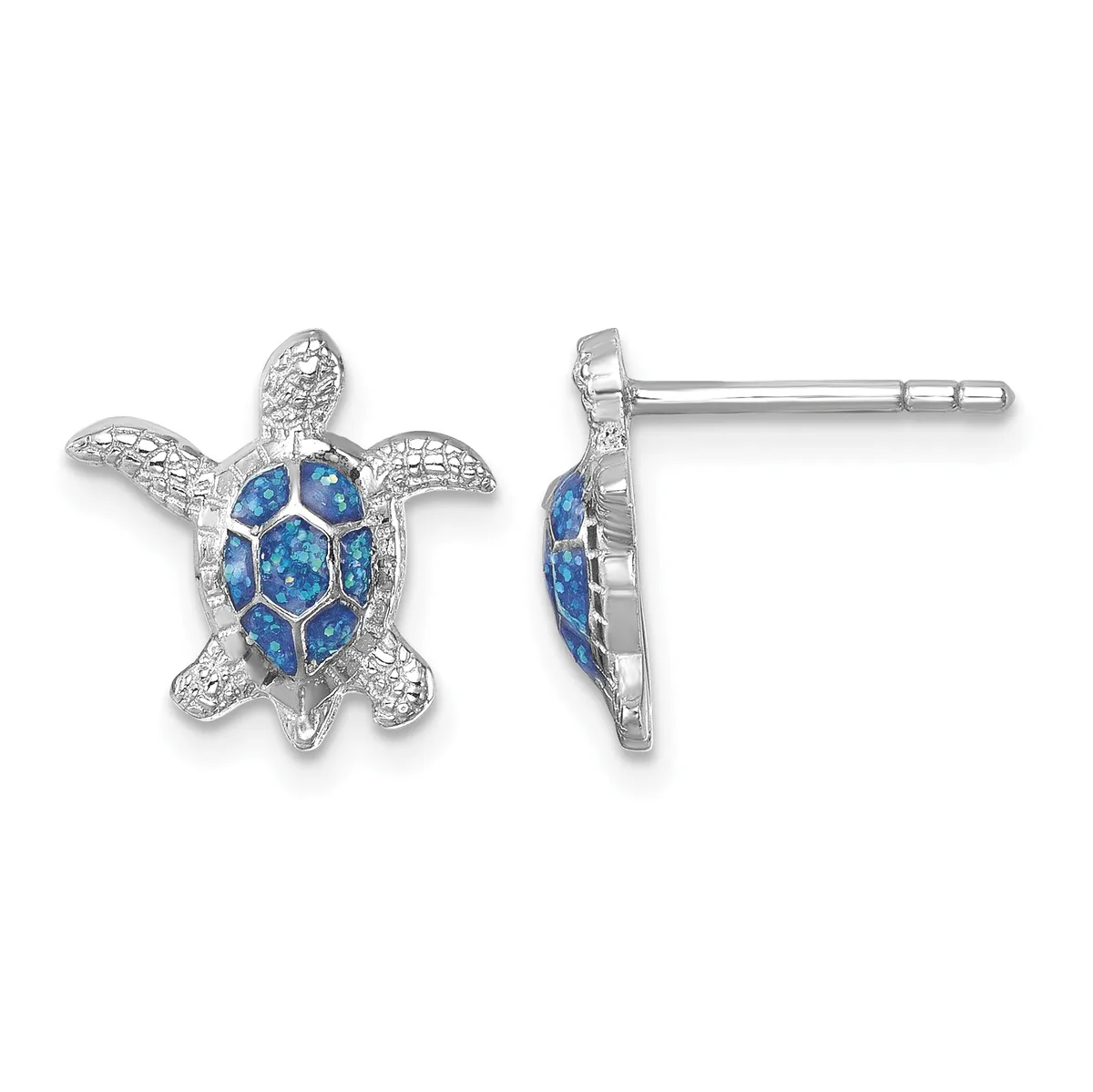 Pair of silver sea turtle stud earrings with blue opal inlay on the shell and textured fins, shown from front and side views.