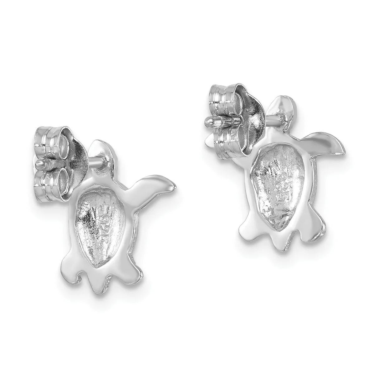 A pair of silver turtle-shaped stud earrings with textured oval centers and smooth rounded flippers, shown from front and back views.