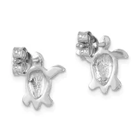 A pair of silver turtle-shaped stud earrings with textured oval centers and smooth rounded flippers, shown from front and back views.