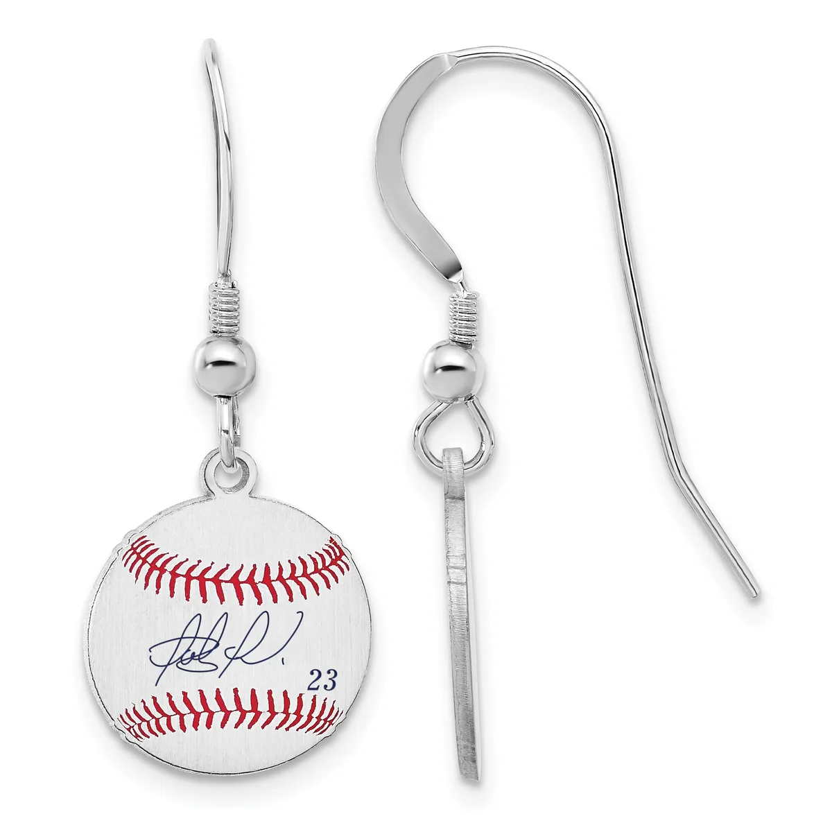 Pair of silver-toned fish hook earrings with small ball and coil details, each suspending a round baseball charm with red stitching and a signature reading "23".