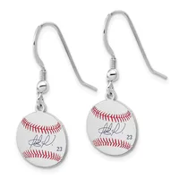 Pair of silver-toned baseball-shaped earrings with red stitching, a signature, and the number 23, hanging from silver fish-hook wires.