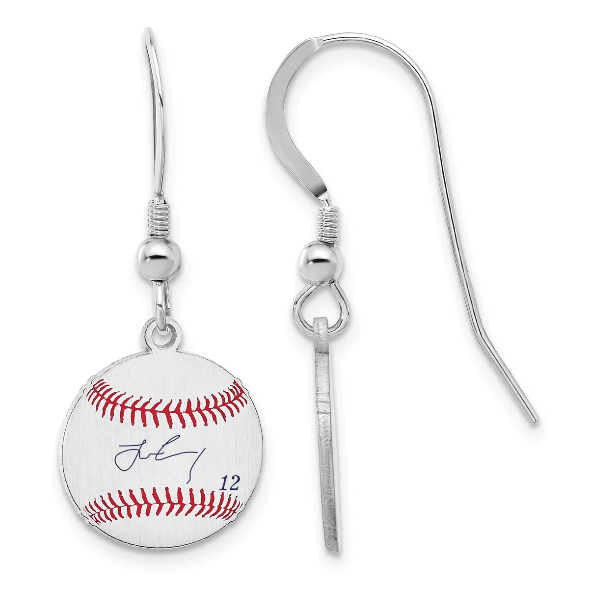 A pair of silver-toned earrings featuring miniature baseballs with red stitching and a signature, suspended from curved wire hooks.