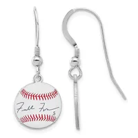 A pair of silver-toned earrings with fish hook wires, each featuring a small baseball pendant with red stitching and a handwritten signature.