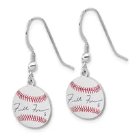 A pair of silver-toned dangle earrings with fishhook backs, each featuring a miniature baseball with red stitching and handwritten signature details.