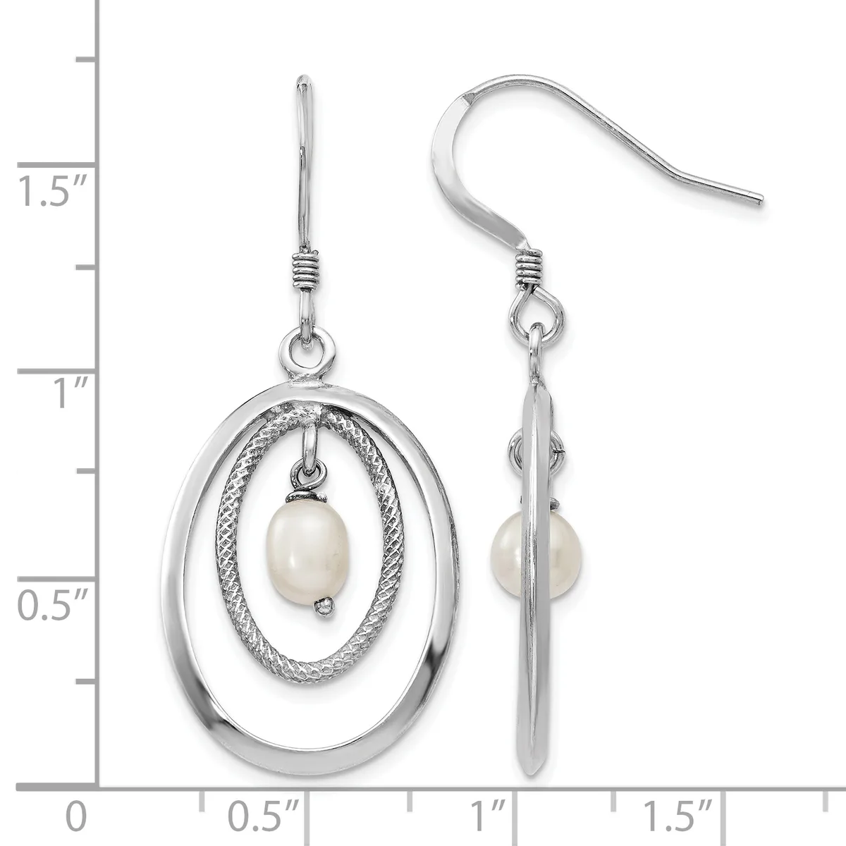 Silver oval dangle earrings with nested textured and polished ovals, each suspending a white pearl, shown with measurement scale indicating approximately 1.25 inches in length.