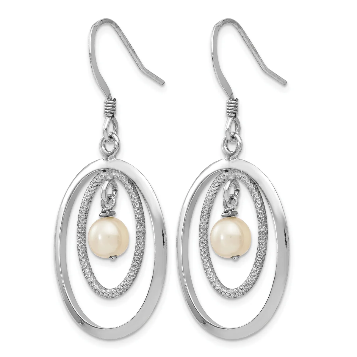 A pair of silver dangle earrings with nested oval frames, each suspending a cream-colored pearl from a textured inner oval, hanging from silver ear wires.