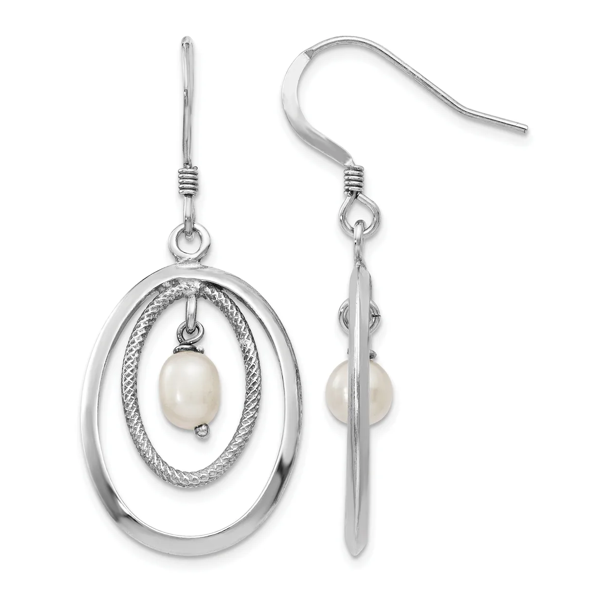 A pair of silver dangle earrings with oval frames containing textured inner ovals, each suspending a white pearl, shown from front and side views.