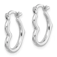 A pair of silver twisted hoop earrings with textured surfaces and hinged closures, displayed against a white background.