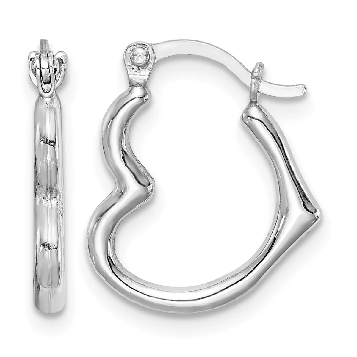 Pair of polished silver heart-shaped hoop earrings with a wavy surface texture and post-and-clutch closures, shown from front and side views.