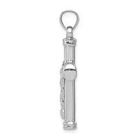 A polished silver-toned metal keychain pendant with a cylindrical tube body, spherical center element, and decorative side detailing, suspended from a split ring at the top.