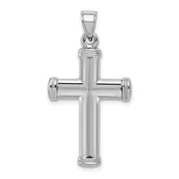 A polished silver cross pendant with cylindrical ends on the arms, shown hanging from a bailed bail against a white background.