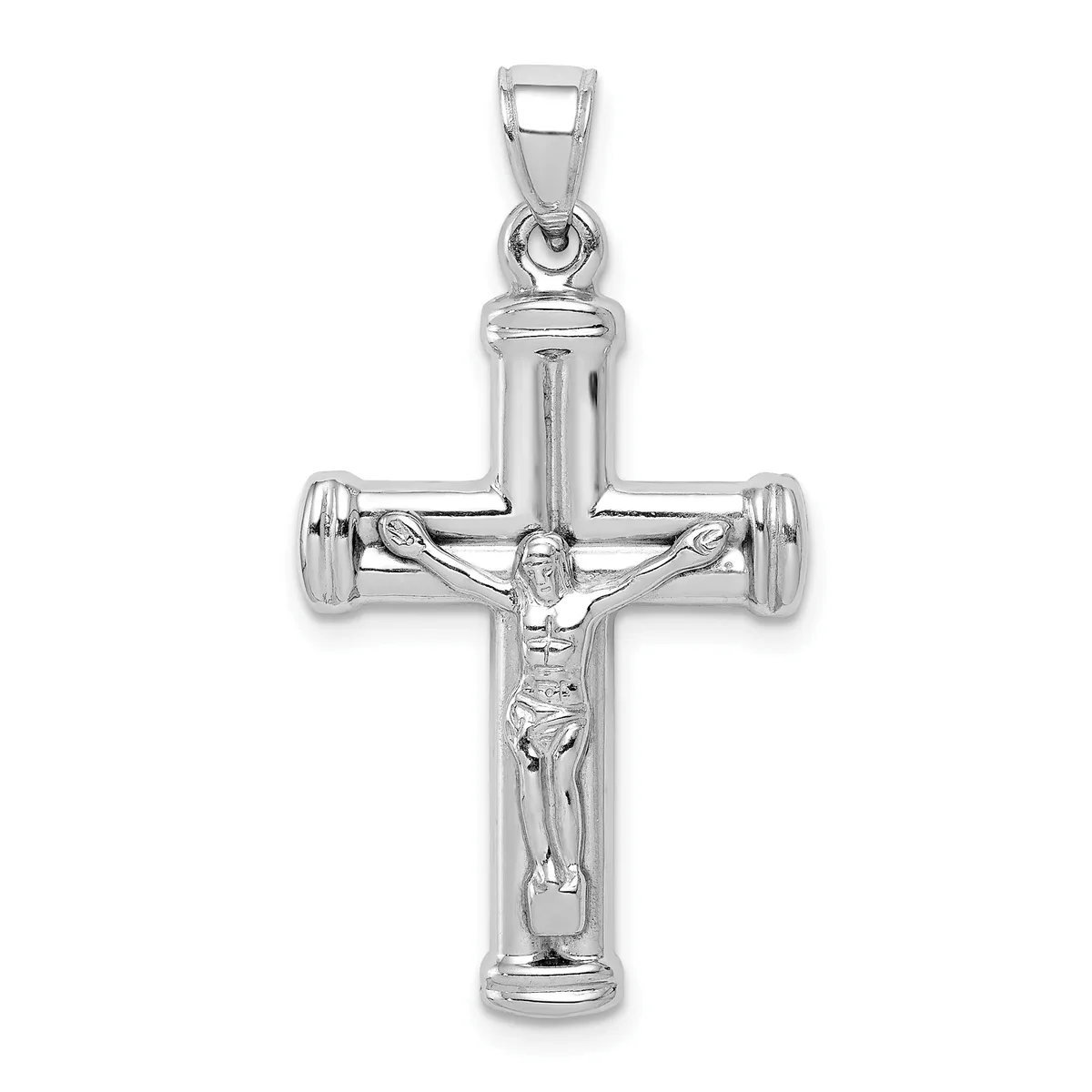 Sterling silver crucifix pendant featuring a figure of Jesus with outstretched arms, displayed against a white background.