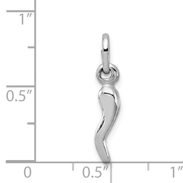 A polished silver curved horn-shaped pendant with a small loop at the top, shown against a ruler measuring approximately 0.75 inches in length.